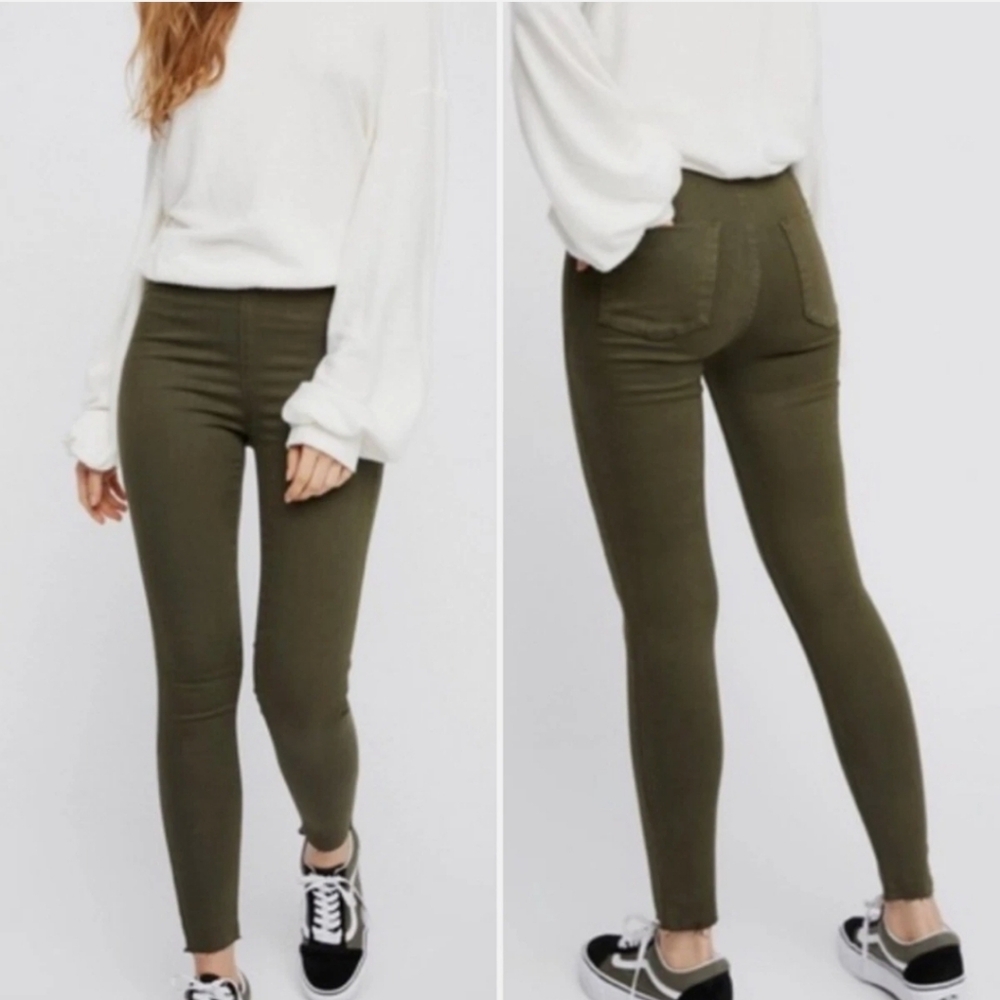Free People 27 Easy Goes It Stretchy Skinny Raw Hem Pull On Olive Jeans 1629-t